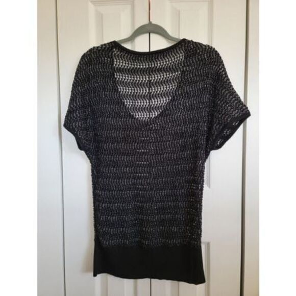 White House Black Market M Open Knit Sweater Sz Medium Black/Silver METALLIC - Picture 2 of 6